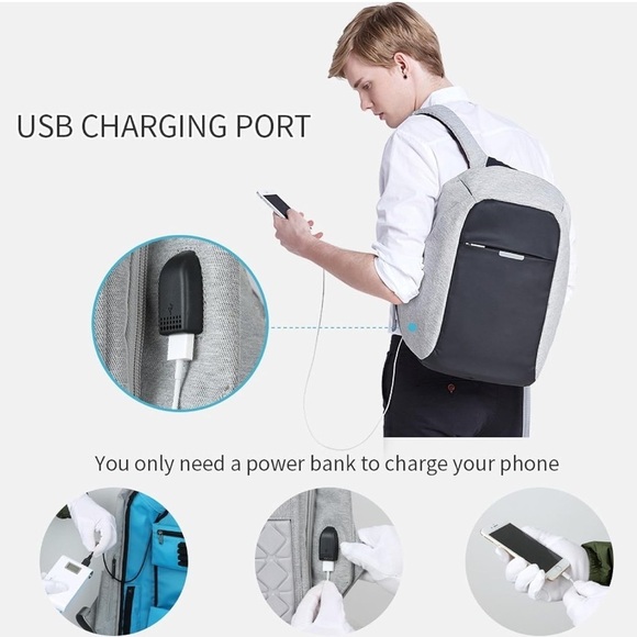 Anti Theft Backpack Laptop Travel Hidden Zipper/USB Charging Port Computer Bag - Picture 1 of 16